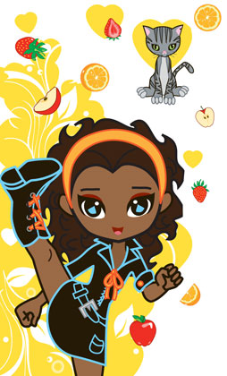 This cute design features Aisha the African American Banzai Chick in her chibi (little girl form). She is accompanied by Mr. Pook the Tabby Cat. This artwork is reproduced as iPhone, iPod, Android and Blackberry phone covers for sale at the Banzai Chicks Zazzle Store.