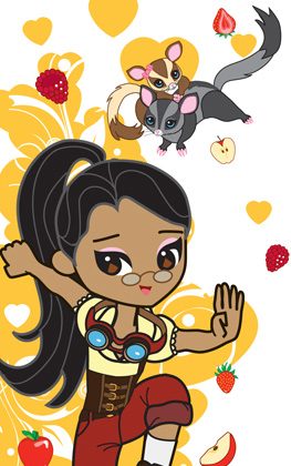 This artwork features Madison, the Hispanic Banzai Chick. She is accompanied by Buttercup and Nutmeg the Sugar Gliders. Buttercup the female is the yellow and brown one and Nutmeg is the gray sugar glider. This adorable design is available for sale as iPhone, iPad, Android and Blackberry phone covers.