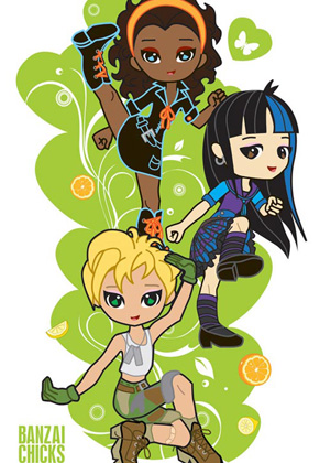 This artwork features three of the Banzai Chick Chibis. This design was reproduced as a limited edition run set of digitally printed tanks. Some sizes are still available at the Banzai Chicks Etsy Store.